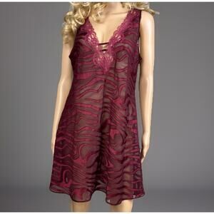 Vintage Sheer Slip Dress Medium Burgundy Lace Chemise 90s Lingerie Semi Sheer